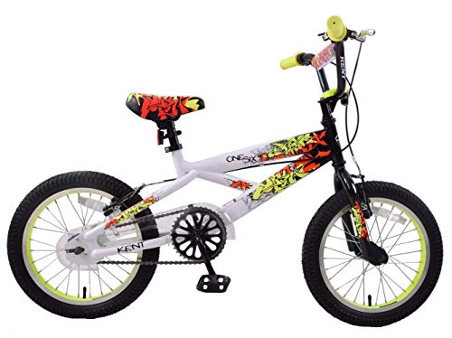 BMX Bike : Kent One Six Graffiti 16" Wheel BMX Boys Kids Bike Black / White / Yellow Bicycle Age 5+