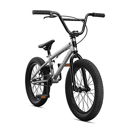 BMX Bike : Mongoose Legion L18 Freestyle Sidewalk BMX Bike for Kids, Children and Beginner-Level Riders, Featuring Hi-Ten Steel Frame and Micro Drive 25x9T BMX Gearing with 18-Inch Wheels, Silver