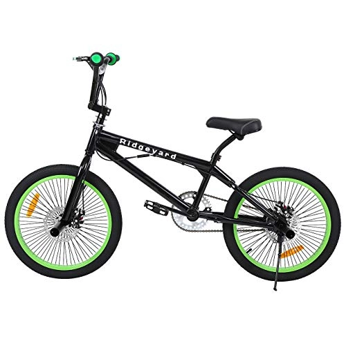 BMX Bike : Ridgeyard 20 Inch BMX Bicycle Freestyle Mountain Bike 360 Rotor (Black+Green)