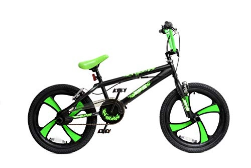 BMX Bike : XN BMX 20" 4 Spoke MAG Wheel Freestyle Bike Gyro Stunt Pegs Kids Boys Girls (Black / Green)