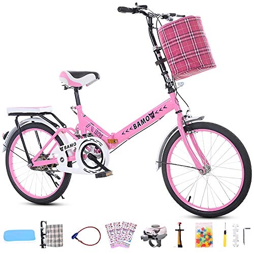 Comfort Bike : 16 / 20 Inch Ladies Student Folding Bike City Bike with Basket, Adult Damping Bicycle, Retro Style City Bikes Trekking Bicycle Light Bike 1 Gear, Pink, 16 Inch