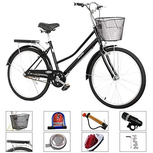 Comfort Bike : 24 / 26 Inch Ladies Bike City Bike with Basket, Dutch Bike, Retro Style City Bikes Trekking Bicycle Light bike 1 / 6 Gear, Black 24Inch, 1 Gear