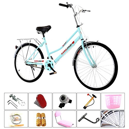 Comfort Bike : 24 / 26 Inch Ladies Girls Bike City Bike with Basket, Dutch Bike, Retro Style City Bikes Trekking Bicycle Light Bike 1 Gear, Blue, 24Inch