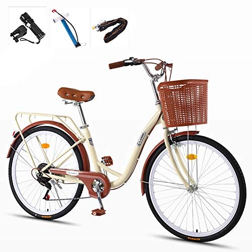 Comfort Bike : 24"26"Ladies and Girls City leisure Bicycle Adults, 7 Speed High carbon steel frame Commuter Bike With Basket, ClassicRetro bicycle & Basket Flashlight, Inflator, Anti-theft lock, 24