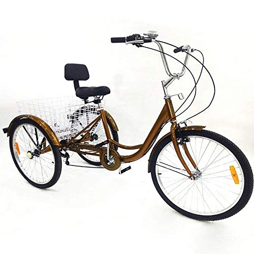 Comfort Bike : 24" Adult Tricycle Height Adjustable with Cushion, 6-Gang Golden Bike Cruiser Aluminium with Shopping Basket 3 Wheels Bicycles Comfort for Seniors