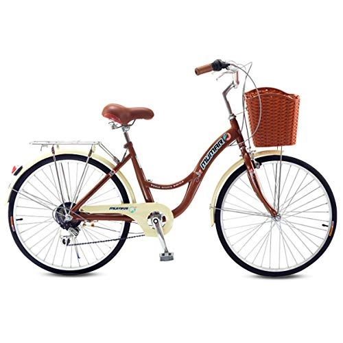 Comfort Bike : 24" City Leisure Bicycle, Classic Shimano 6 Speed City Bikes, High Carbon Steel Frame Commuter Ladies Bike with Basket And Bicycle Tail Light Dutch Style Retro Bike for Male And Female, Brown