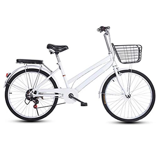 Comfort Bike : 24 inch bicycles, ladies bicycles for commuting, high carbon steel frame + front basket + rear shelf + pneumatic tires + Holding brake, White, 6 speed