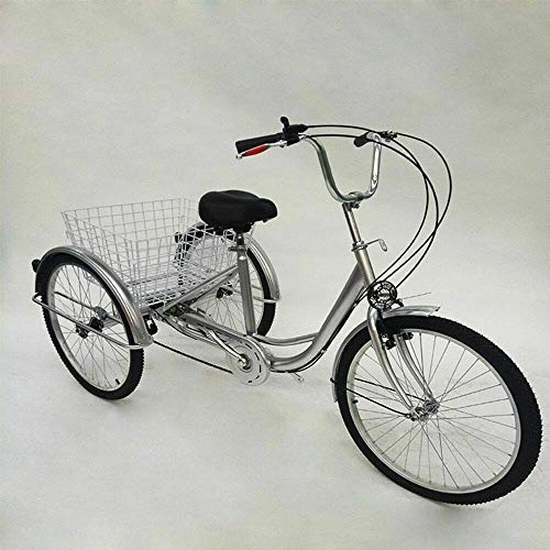 Comfort Bike : 24" Tricycle Adult Shopping Bike 6 Speed Bicycle 3 Wheels Pedal Bicycle with Basket Lamp, Cargo Bike Tricycle Comfort with Sensitive Braking System (Silver)