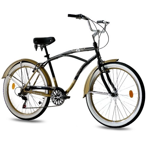 Comfort Bike : 26" KCP BEACH CRUISER COMFORT BIKE Mens EASY RIDER 2.0 6S SHIMANO black gold (sg) RETRO LOOK - (26 Zoll)
