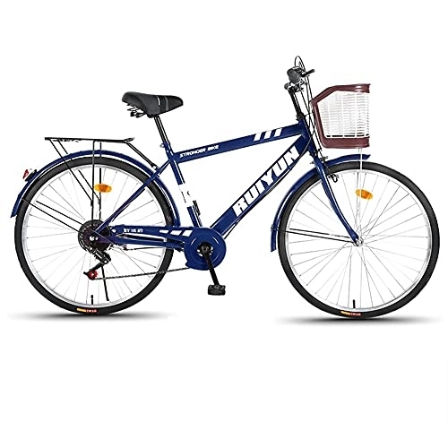 Comfort Bike : 26inch Adult Mens Road Bike 6-Speed Mountain Bike City Commuter Bicycle with Basket and Back Seat White Blue Black (Color : White) (Blue)
