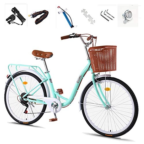 Comfort Bike : 7 Speed Adult commuter bike, 26"City leisure Bicycle, Comfort City Bike & Basket Flashlight, Inflator, Anti-theft lock, Light Green