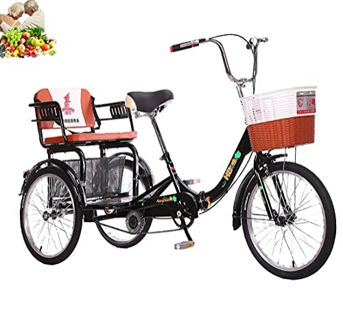 Comfort Bike : Adult ladies bicycles tricycles 3-wheelers 20 inch with basket + 56cm wide rear seat high carbon steel folding tricycles for the elderly, parents, youth, children(Color:black, Size:20inch)