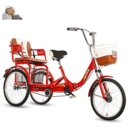 Comfort Bike : Adult tricycle 20'' 3-wheel bicycle for the elderly Double-chain shock-absorbing tricycle with rear seat + enlarged basket ladies three-wheeled bicycles(Color:RED, Size:20inch)