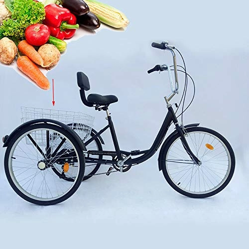Comfort Bike : Adult Tricycle, 24 Inch 6 Speed Trike Bike Adjustable Three Wheel Bike Cruiser Trike with Shopping Basket, Great for Gift Elderly People, Black, Chair with backrest