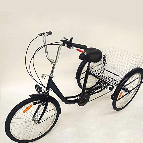 Comfort Bike : Adult Tricycle, 24 Inch 6 Speed Trike Bike Adjustable Three Wheel Bike Cruiser Trike with Shopping Basket, Great for Gift Elderly People, Black, with Light