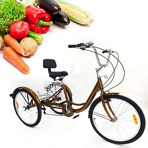 Comfort Bike : Adult Tricycle, 24 Inch 6 Speed Trike Bike Adjustable Three Wheel Bike Cruiser Trike with Shopping Basket, Great for Gift Elderly People, Gold, Chair with backrest