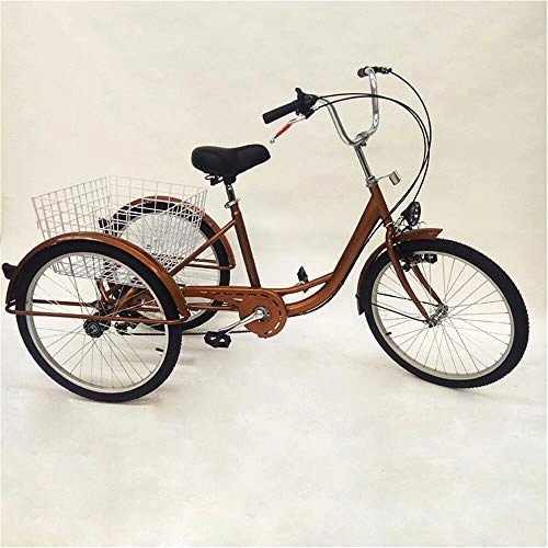 Comfort Bike : Adult Tricycle, 24 Inch 6 Speed Trike Bike Adjustable Three Wheel Bike Cruiser Trike with Shopping Basket, Great for Gift Elderly People, Gold, with Light