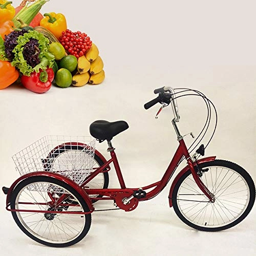 Comfort Bike : Adult Tricycle, 24 Inch 6 Speed Trike Bike Adjustable Three Wheel Bike Cruiser Trike with Shopping Basket, Great for Gift Elderly People, Red, with Light