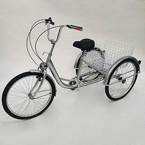 Comfort Bike : Adult Tricycle, 24 Inch 6 Speed Trike Bike Adjustable Three Wheel Bike Cruiser Trike with Shopping Basket, Great for Gift Elderly People, Silver, with Light