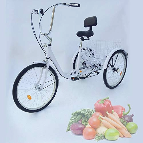 Comfort Bike : Adult Tricycle, 24 Inch 6 Speed Trike Bike Adjustable Three Wheel Bike Cruiser Trike with Shopping Basket, Great for Gift Elderly People, White, Chair with backrest