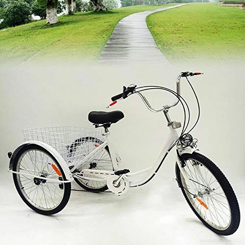 Comfort Bike : Adult Tricycle, 24 Inch 6 Speed Trike Bike Adjustable Three Wheel Bike Cruiser Trike with Shopping Basket, Great for Gift Elderly People, White, with lights