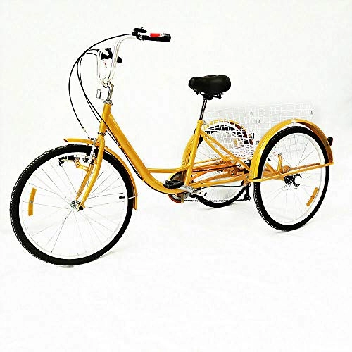 Comfort Bike : Adult Tricycle, 24 Inch 6 Speed Trike Bike Adjustable Three Wheel Bike Cruiser Trike with Shopping Basket, Great for Gift Elderly People, Yellow, with Lights