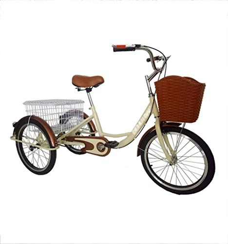 Comfort Bike : Adult Tricycles 20 Inches Single-speed 3 Wheel Upgraded Fender Adult Trike Bike Cycling Pedal with Shopping Basket Pedestrian transportation, pull people and load, adjustable seat black beige