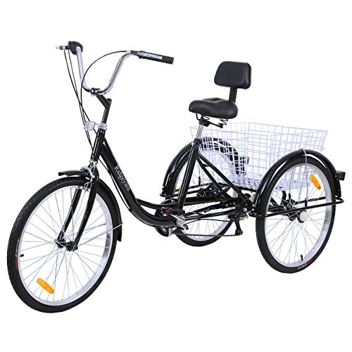 Comfort Bike : Adult Tricycles 24 Inches 7 Speed 3 Wheel Upgraded Fender Adult Trike Bike Cycling Pedal with Shopping Basket (Black (Updated Version))