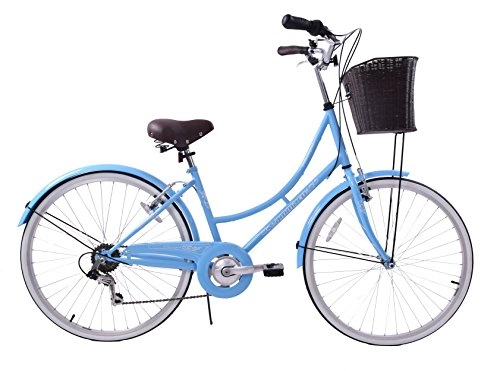 Comfort Bike : Ammaco. Classique Dutch Style Heritage Town 26" Wheel Womens Ladies Bike & Basket 16" Frame 6 Speed Blue