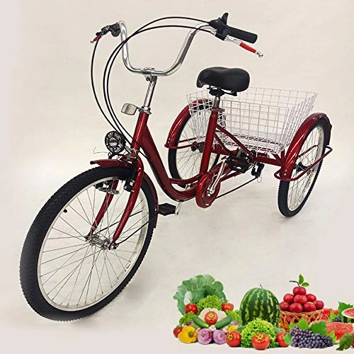 Comfort Bike : Aohuada 24" 3 Wheels Bike Adult Tricycle Seniors Shopping Cargo Trike 6 Speed Bicycle With Light & Basket Shopping For Outdoor Sports Shopping (Red)