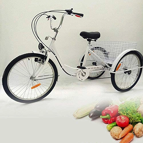 Comfort Bike : Aohuada 24" 3 Wheels Bike Adult Tricycle Seniors Shopping Cargo Trike 6 Speed Bicycle With Light & Basket Shopping For Outdoor Sports Shopping (White)
