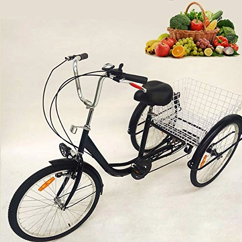 Comfort Bike : Berkalash 24 inch adult tricycle with lamp, 6 speed 3 wheels bicycle adjustable speed with shopping basket, senior shopping cargo trike, safe and stable (Black)