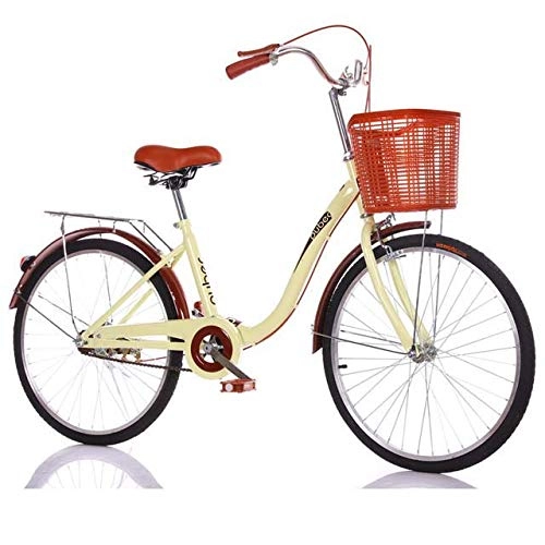 Comfort Bike : Bicycle Lightweight Adult Bike with Back Rear and Basket for School City Riding and Commuting, 24-Inch Wheels, Yellow