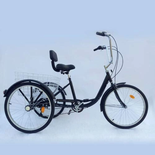 Comfort Bike : BTdahong Black Adult Tricycle 24 Inch 3 Wheel 6 Speed Cruiser Bike Cargo Trike for Shopping with Basket