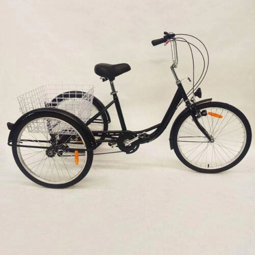 Comfort Bike : BTdahong Black Adult Tricycle 24 Inch 3 Wheel 6 Speed Seniors Rear Basket Cruiser Bike Cargo Trike for Shopping + Lamp