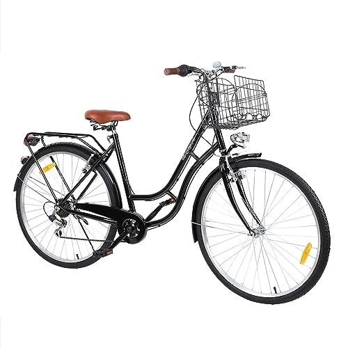 Comfort Bike : BURLOE 28 Inches 7 Speeds City Bike Vintage, Ladies Outdoor Sports Urban Bicycle Shopper Bike With Sprung Saddle Rack And Front Basket Woman Bikes, Black
