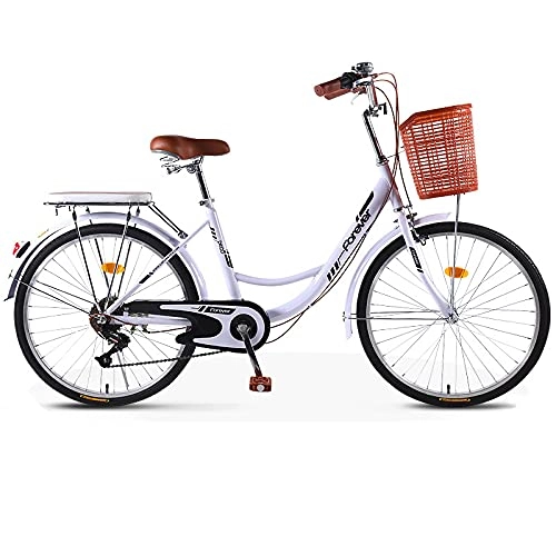 Comfort Bike : CCZUIML Ladies 24 / 26 Wheel 6 Speed Traditional Bike Bicycle, Adult Commuter Retro Work Bike with Basket Cruiser Bikes with Wear-Resistant Tires