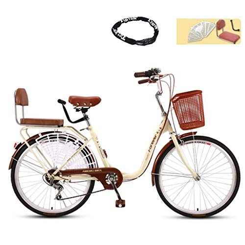 Comfort Bike : CHERRIESU Lightweight 24" City Leisure Bicycle, 7 Speed Adult Bike with Bike Lock Ladies Bike & Basket Cruiser Bike Vintage Bike Classic Bicycle, Beige