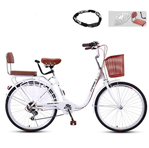 Comfort Bike : CHERRIESU Lightweight 24" City Leisure Bicycle, 7 Speed Adult Bike with Bike Lock Ladies Bike & Basket Cruiser Bike Vintage Bike Classic Bicycle, White