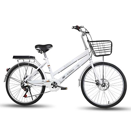 Comfort Bike : City Commuter Bike 24 Inch Comfort Lady Girl Bicycle Outdoor Sports 7 Speeds Wire Basket Lightweight Disc Brake Student Urban Bicycle