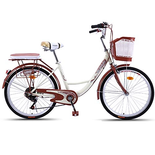 Comfort Bike : Classic Women's Beach Cruiser Bicycle, Comfortable Commuter Bicycle High-Carbon Steel Frame Front Basket 26-Inch Wheels Multiple Colors, Beige