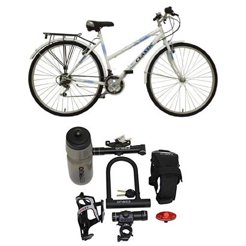 Comfort Bike : ClassicTouriste Womens' Road Bike White, 19" inch steel frame, 18 speed alloy v-style brakes front and rear full length mudguards with Cycling Essentials Pack