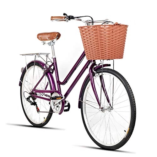 Comfort Bike : CLOUDH Ladies City Bike, 7 Speed Leisure Bicycle 26 Inch Lightweight Adult City Bicycle with Basket Commuter Ladies Bike, Suitable for Male And Female Students