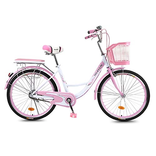 Comfort Bike : CStern Adult Commuter Retro Bike Beach Cruiser Bike with Basket (Pink, 24 Inch)