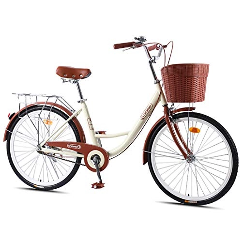 Comfort Bike : CStern Adult Commuter Retro Work Bike with Basket Cruiser Bikes with Wear-Resistant Tires Beige 24 Inch