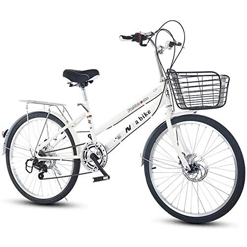 Comfort Bike : DRAKE18 Women's bicycle, 24 inch 6 speed shift double disc brakes city light commuter retro ladies adult with car basket, White