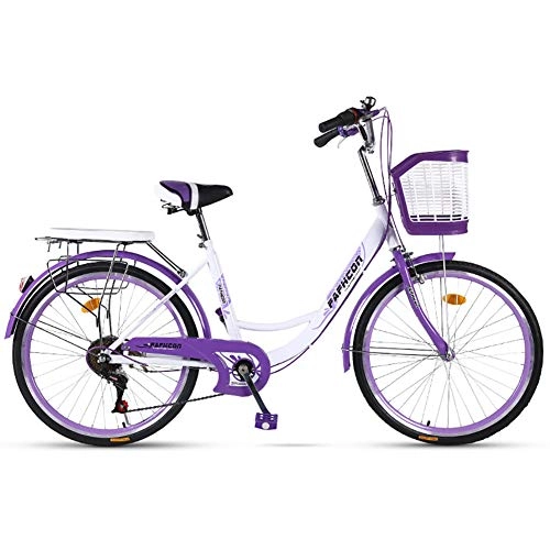 Comfort Bike : FJW 6 Speed Unisex Bike 24 Inch 26 Inch High-carbon Steel Student Child Commuter City Bike, Purple, 26Inch