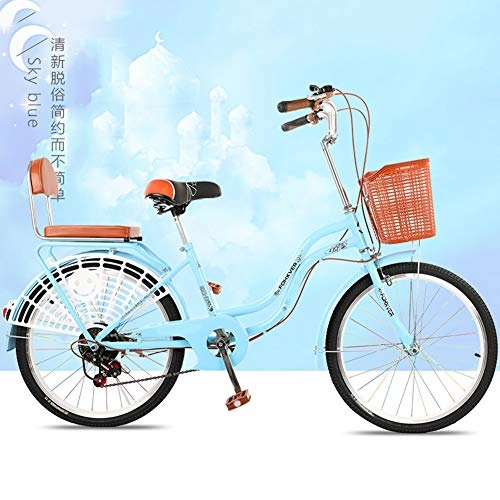 Comfort Bike : GAOJIN Adult Bike, 6-Speed Bicycle, 24 Inch Bike Bicycle for Women Retro Frame Adult Bike with Basket, Blue