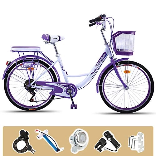 Comfort Bike : GHH 24" Ladies bike, Purple Adult commuter Bicycle, 6 Speed Comfort, Stylish With Basket Flashlight, Inflator, installation tool, lock