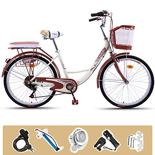 Comfort Bike : GHH 26" Lightweight Bicycle, 6 Speed Adult Comfort bike, With Flashlight, Inflator, Basket, lock, installation tool, beige